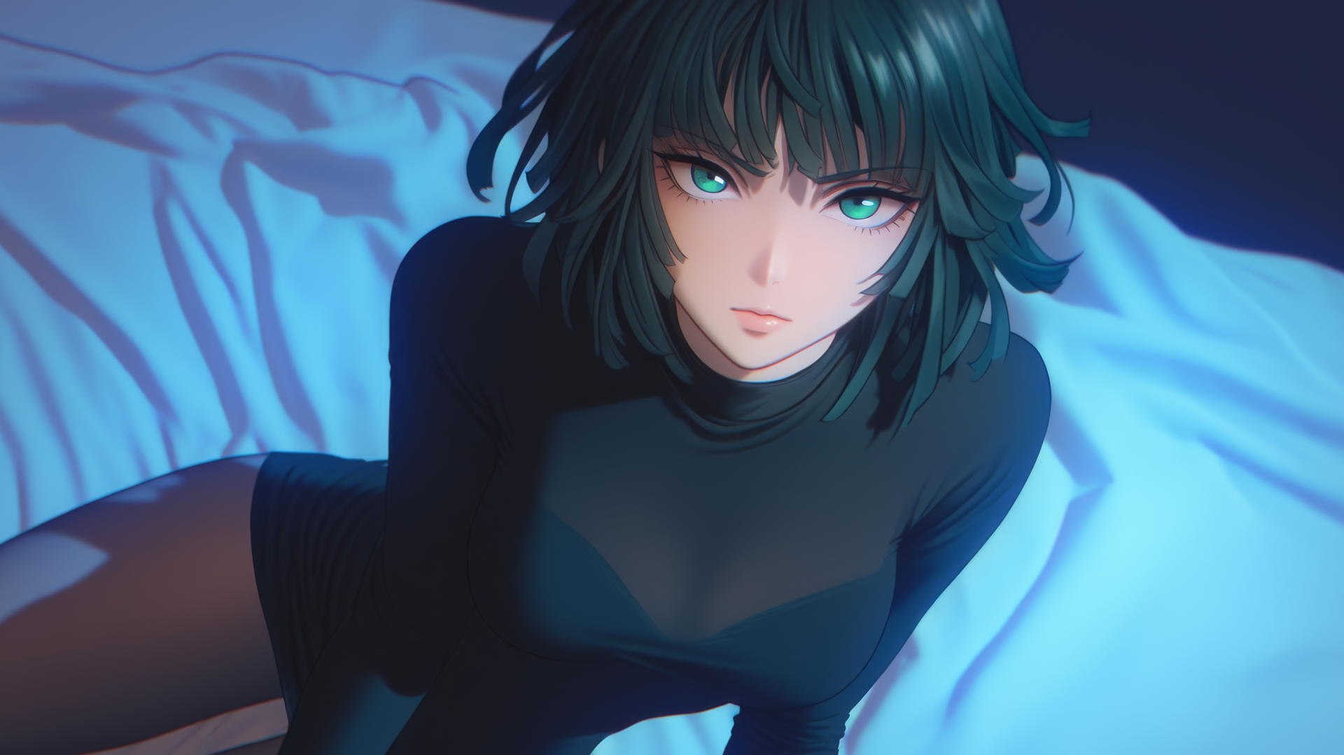 Fubuki from One Punch Man kneeling and looking up, neon-lit hotel room