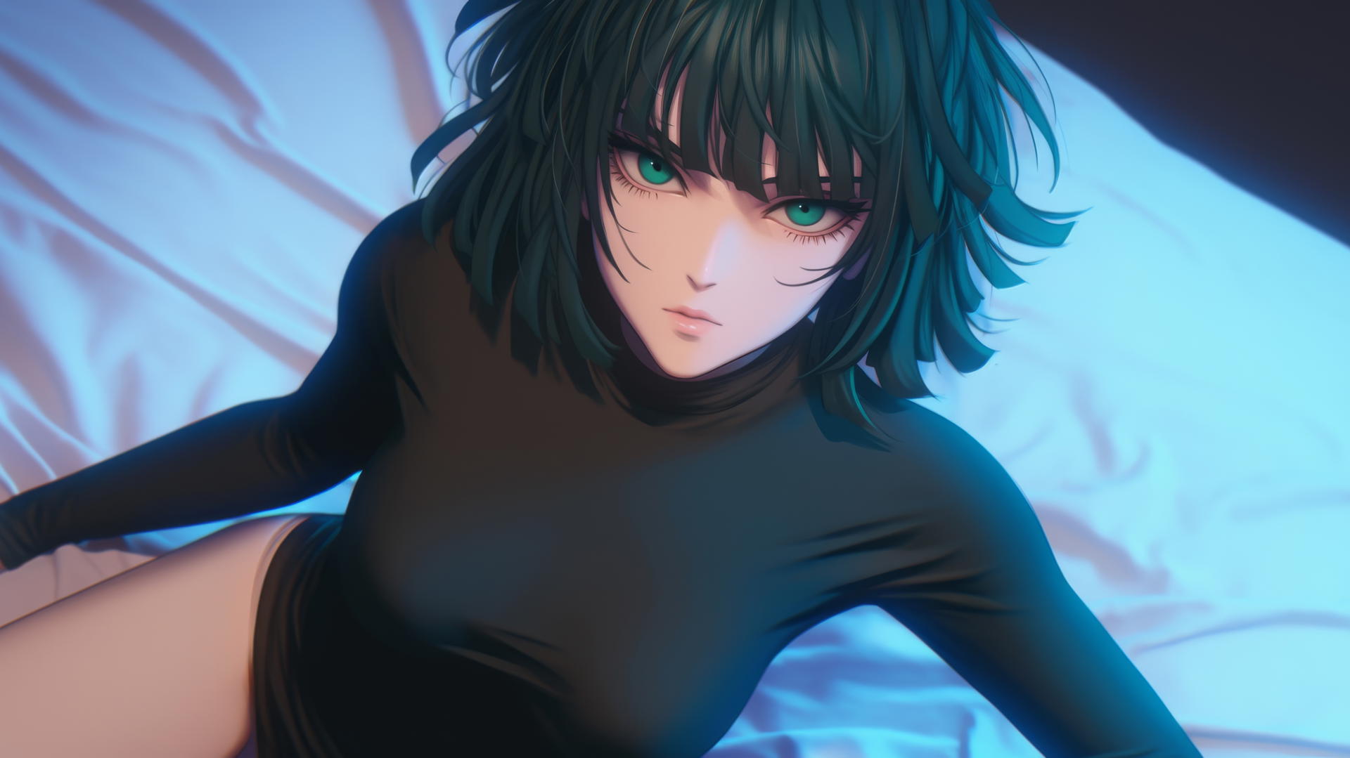 Fubuki kneeling and looking up, neon-lit modern hotel room, dark green bob, light green eyes