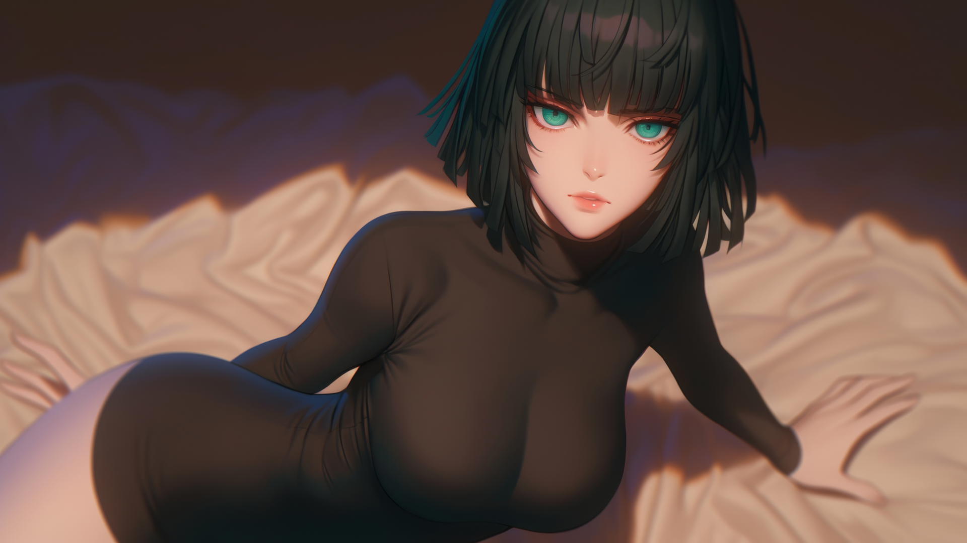 Fubuki from One Punch Man kneeling, looking up, neon light casting glow