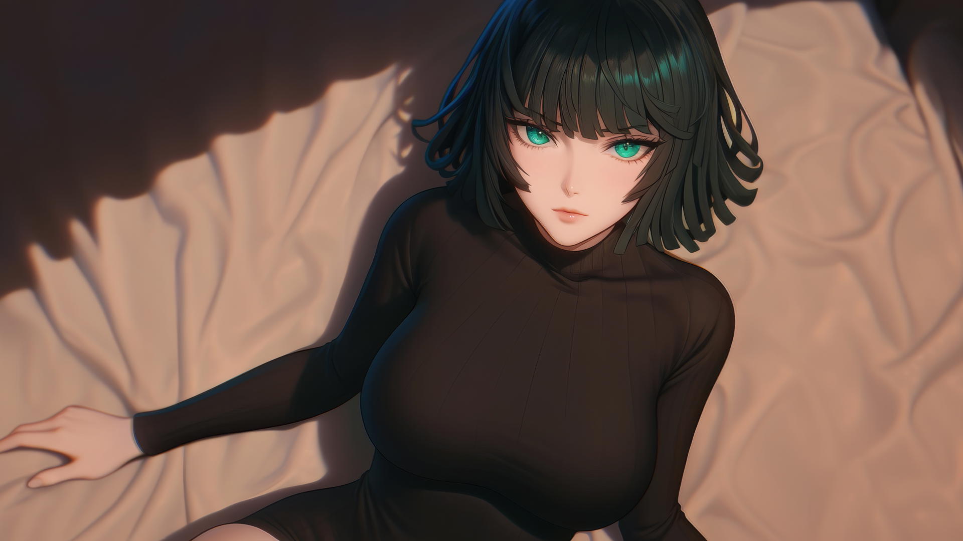 Fubuki from One Punch Man in a neon-lit hotel room, kneeling and looking up.