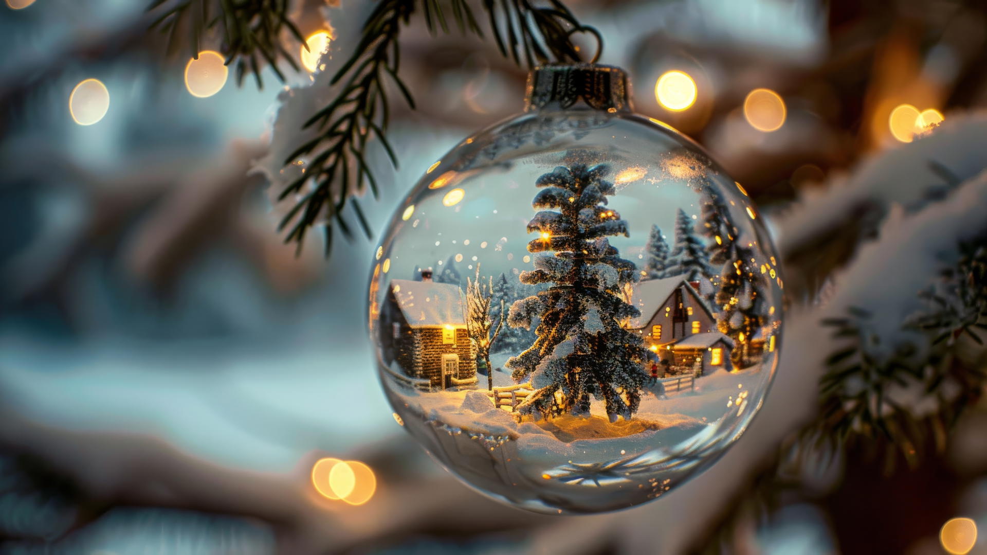 Glass Christmas balls containing snow-covered villages on a tree.