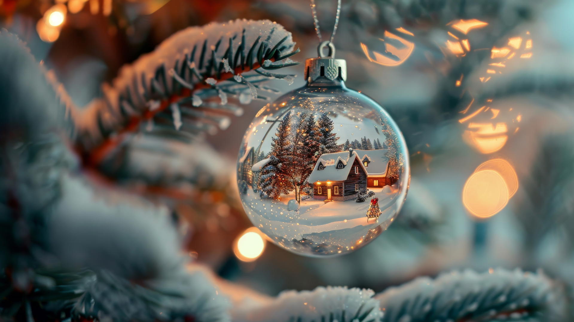 Glass Christmas balls hanging on a tree, containing snow-covered villages with warm glowing houses.