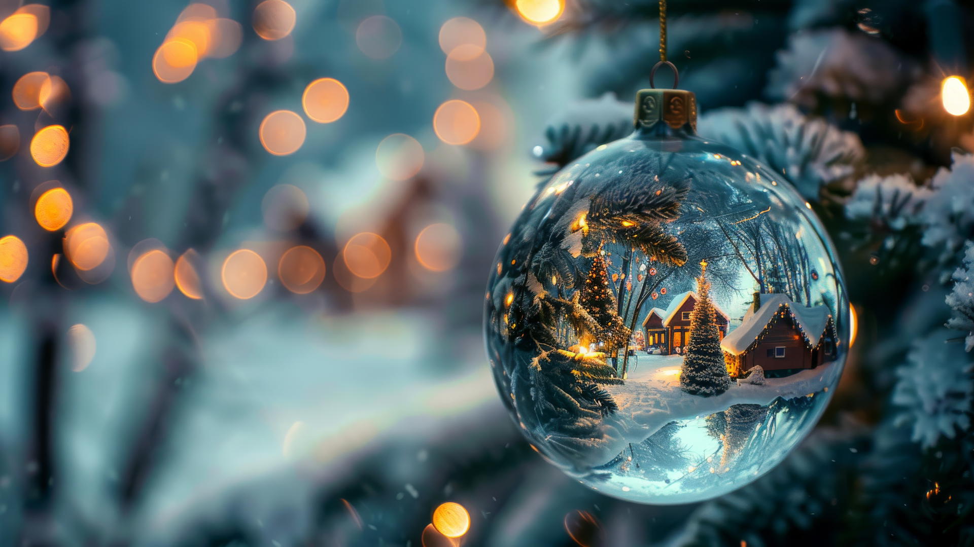 Glass Christmas balls on tree with glowing village inside snow globe