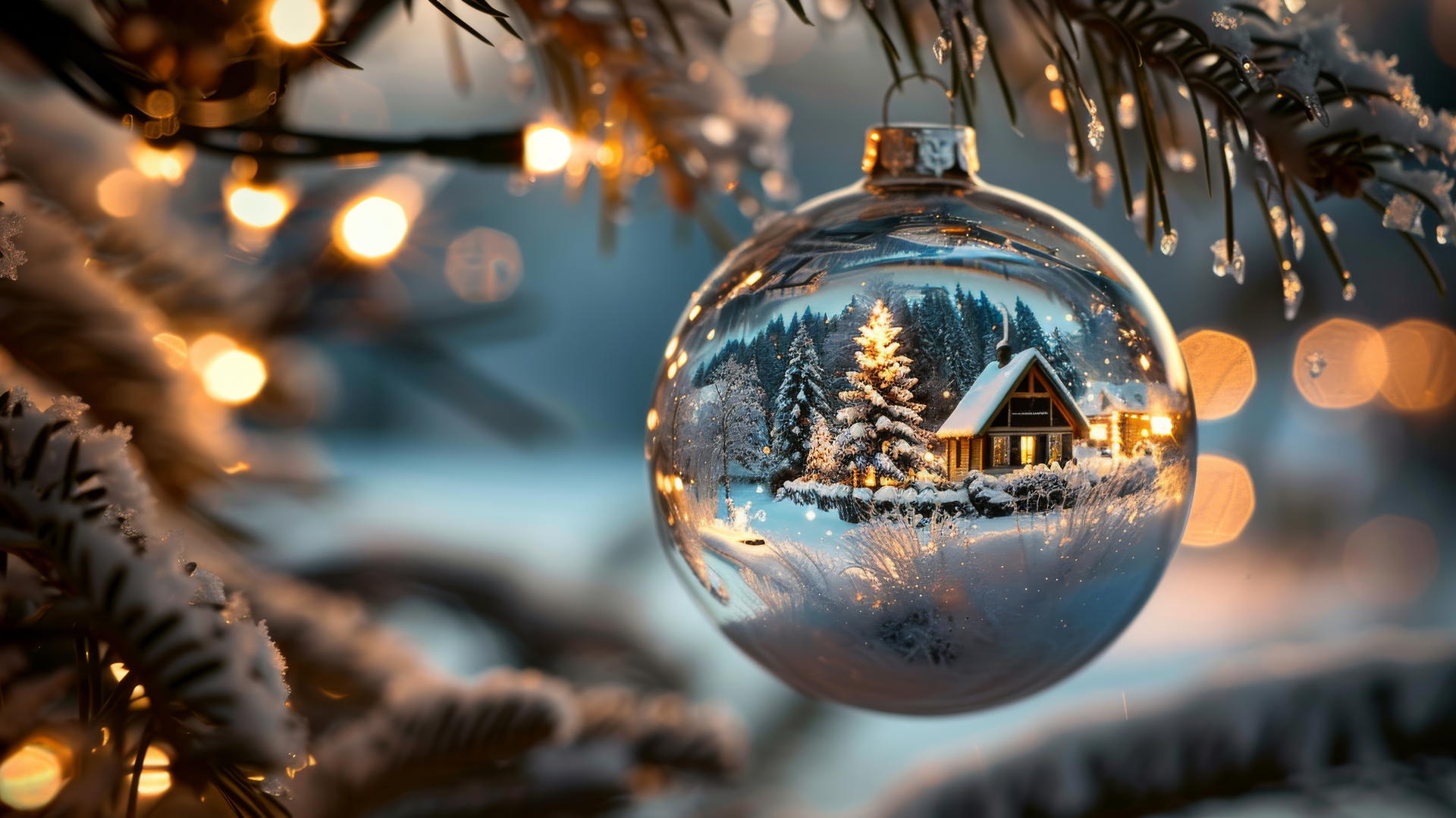 Glass Christmas balls with snow-covered villages hanging on a Christmas tree