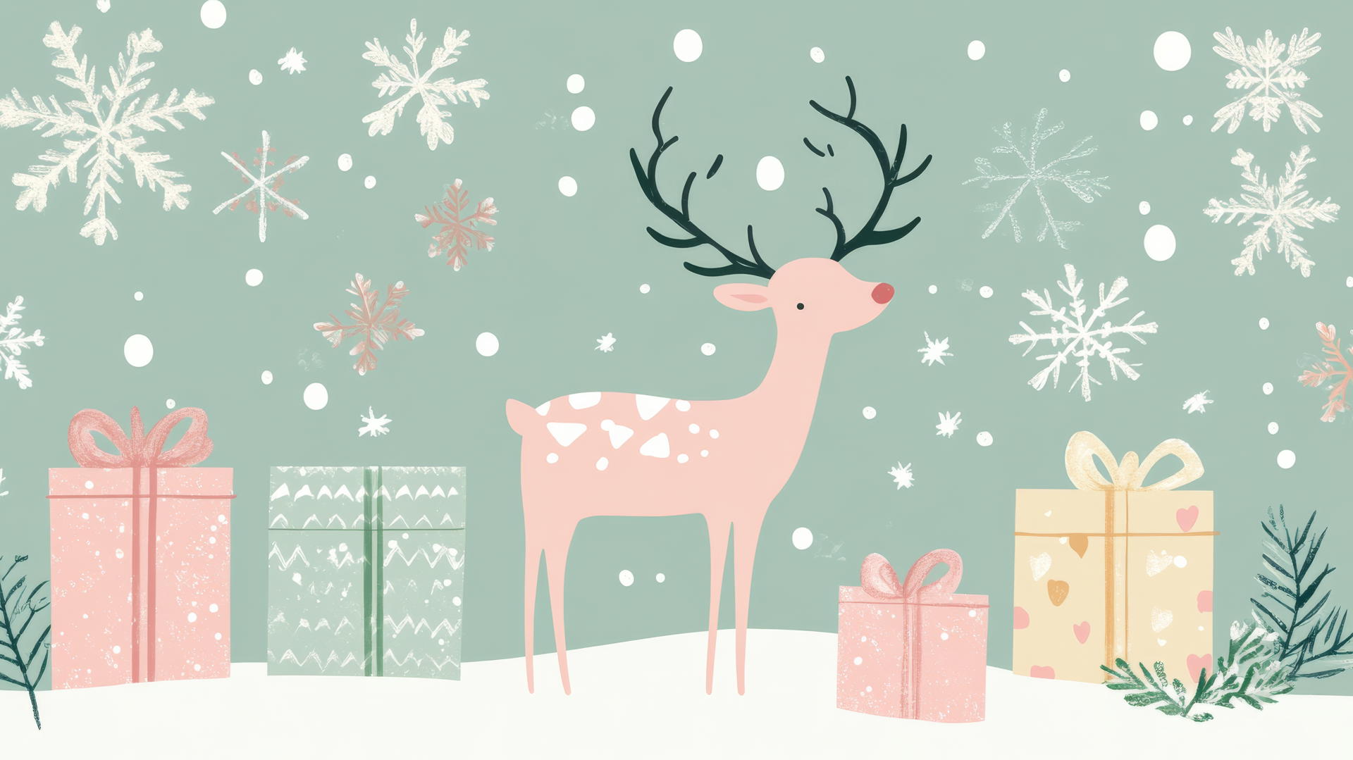 cute Christmas wallpaper preppy with reindeer, snowflakes, and gifts