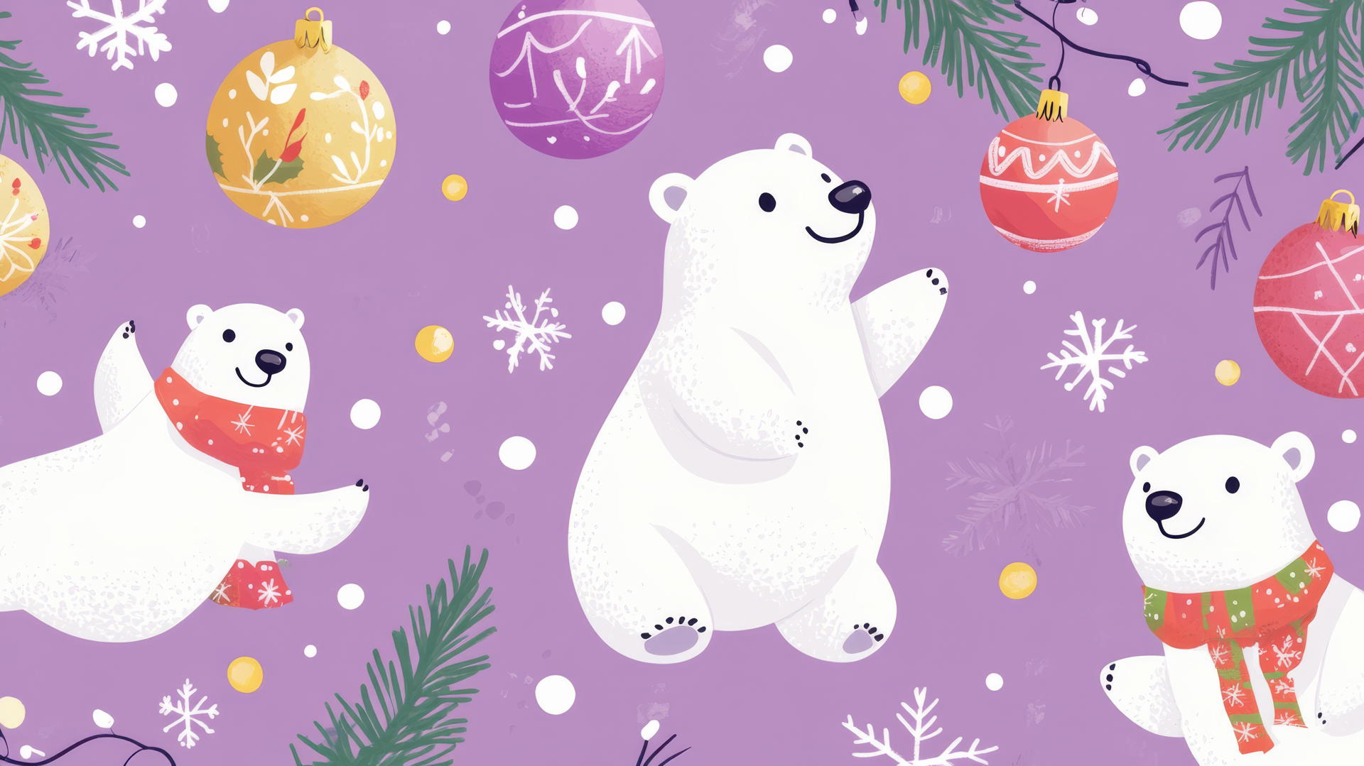 cute Christmas wallpaper preppy with cheerful polar bears, ornaments, and twinkling lights