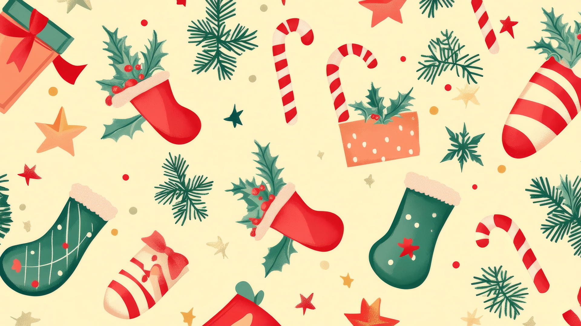 cute Christmas wallpaper preppy with candy canes, stockings, stars on pastel yellow