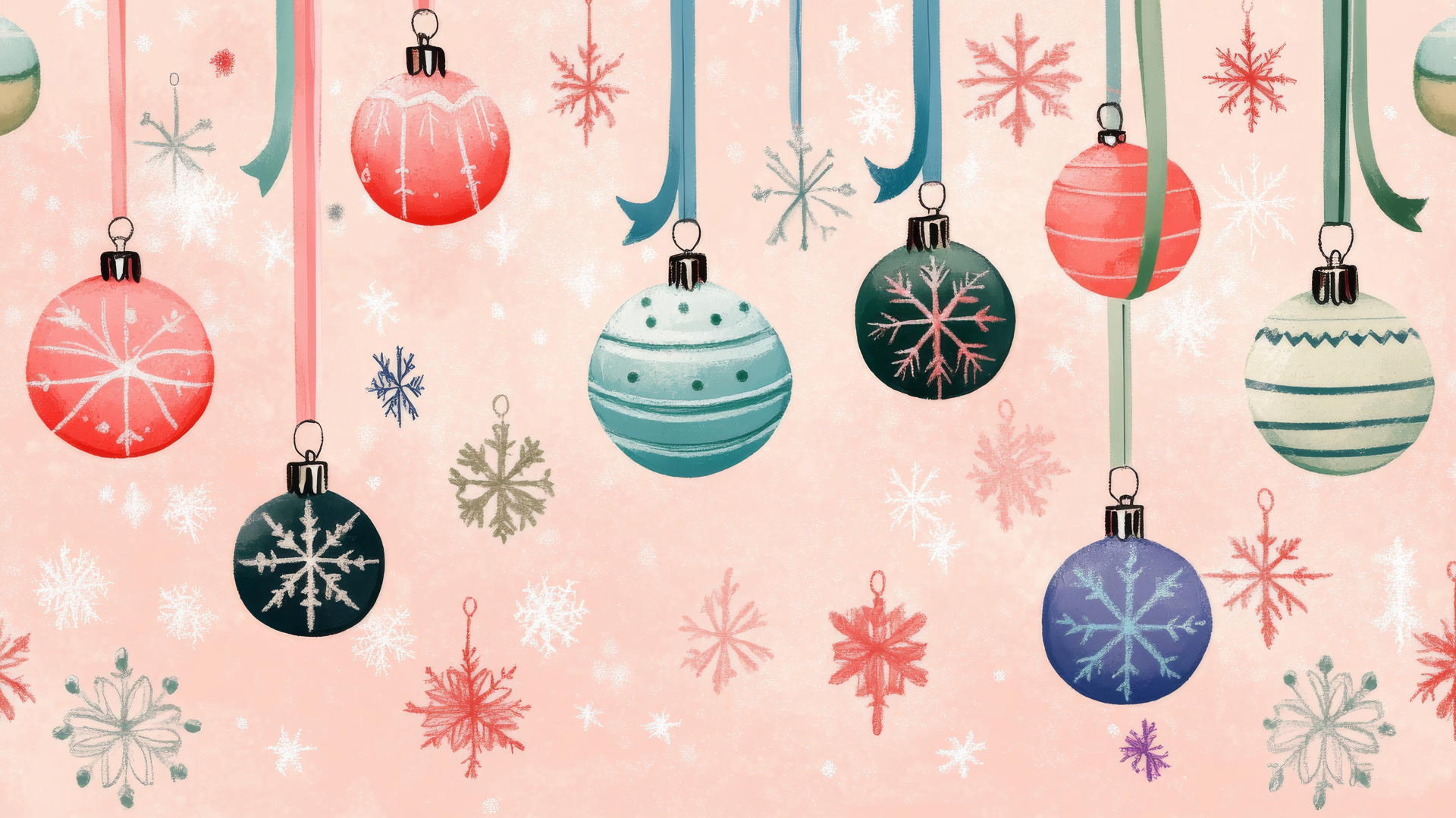 preppy Christmas wallpaper with colorful ornaments, pastel ribbons, snowflakes, and stars on pink background
