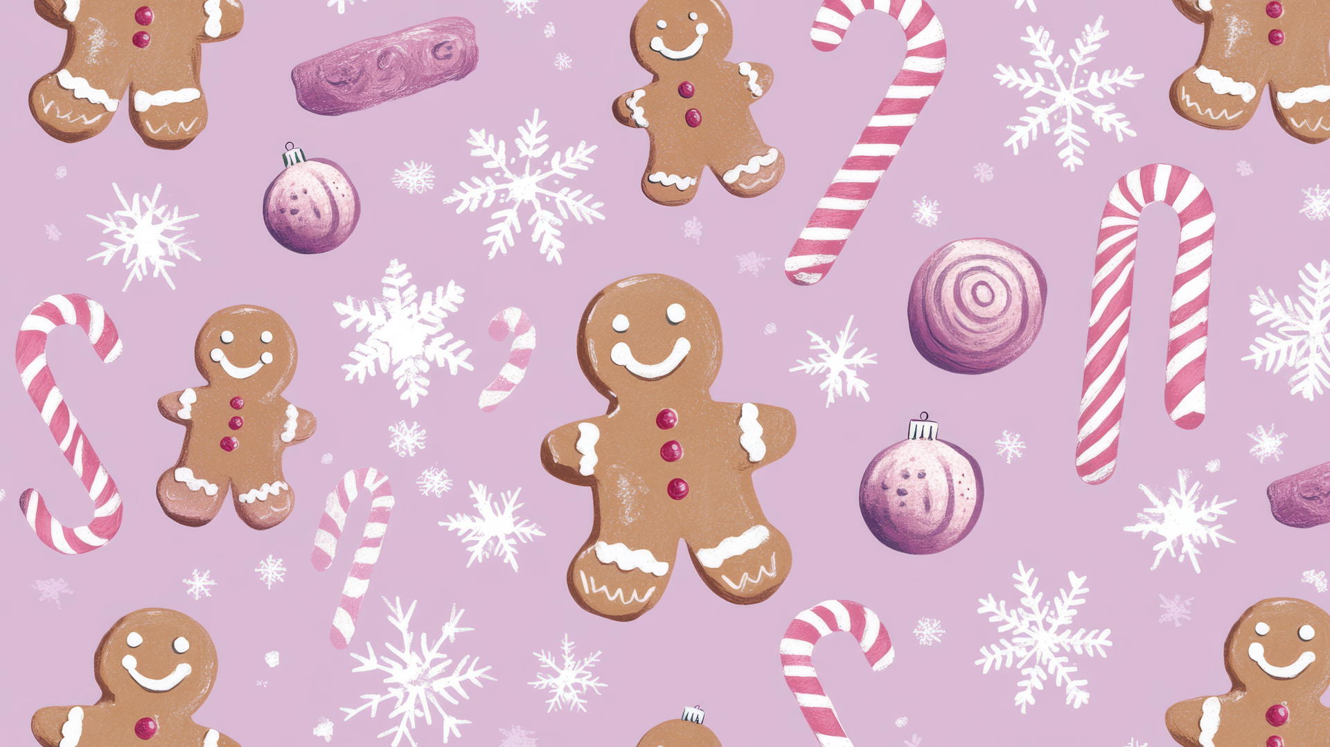 preppy Christmas wallpaper with gingerbread men, candy canes, and snowflakes on pastel lavender