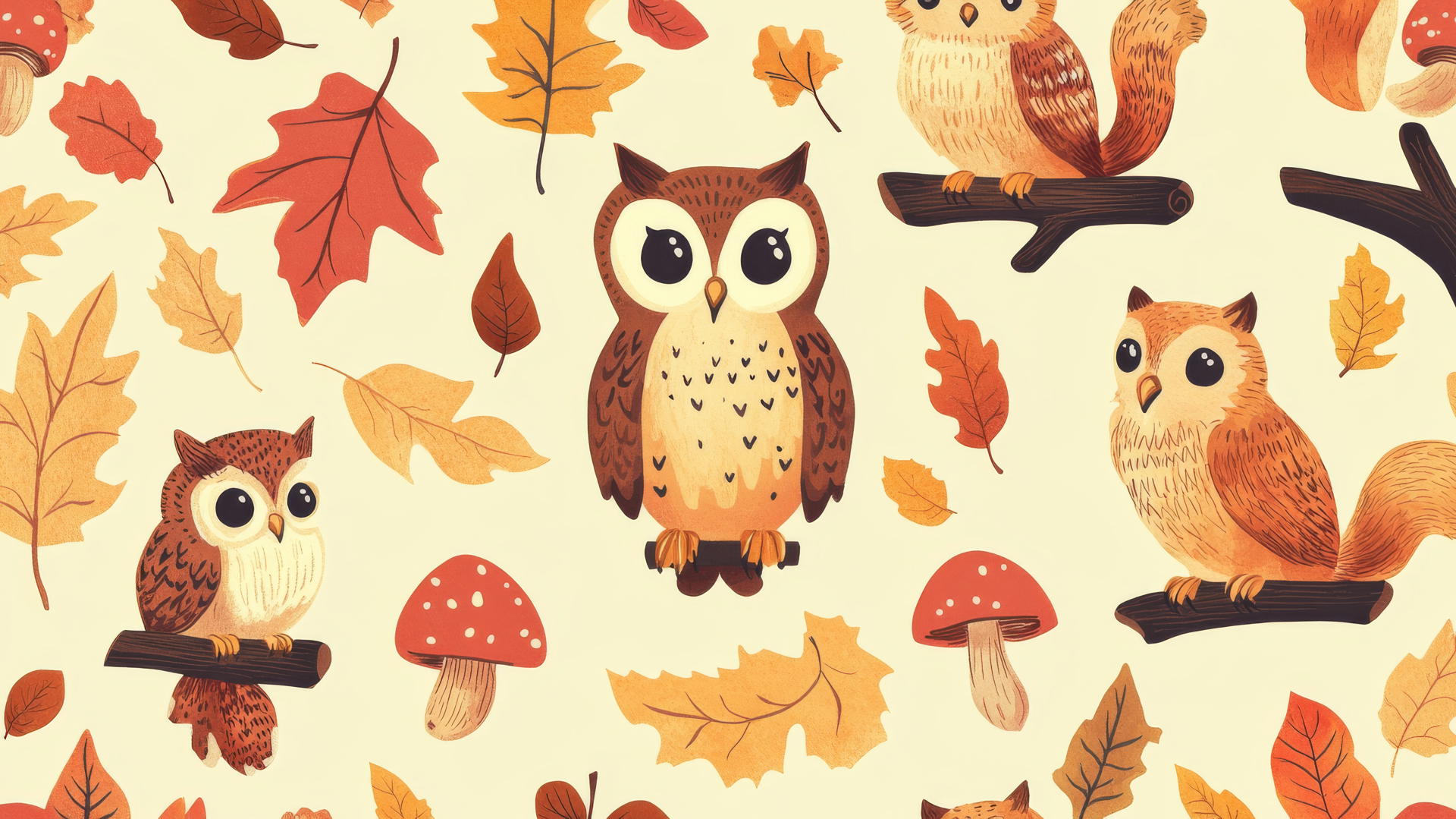 preppy autumn wallpaper with cute cartoon owls, squirrels, autumn leaves, and mushrooms on pastel yellow background
