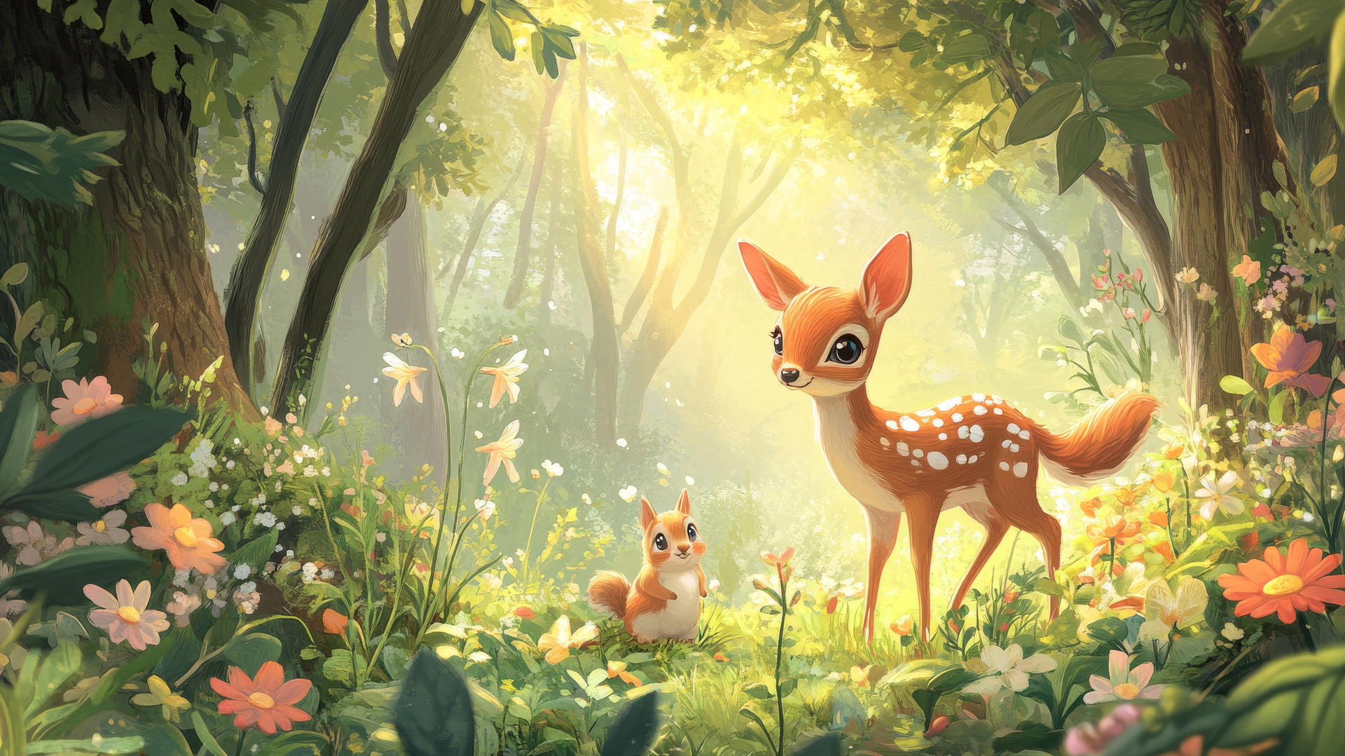 wallpapers cute: adorable woodland creatures in a sunlit forest glade