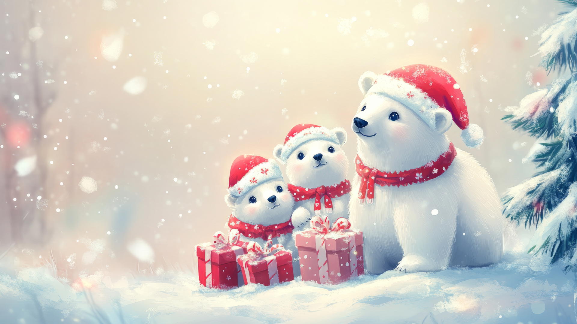 cute wallpapers for Christmas with polar bear family in festive hats and scarves, snow, presents, candy canes