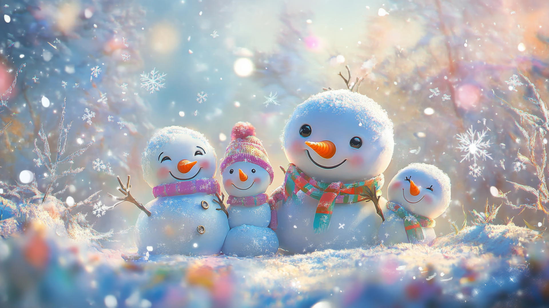 cute wallpapers for christmas featuring a snowman family with button eyes, colorful scarves, and a pastel winter background