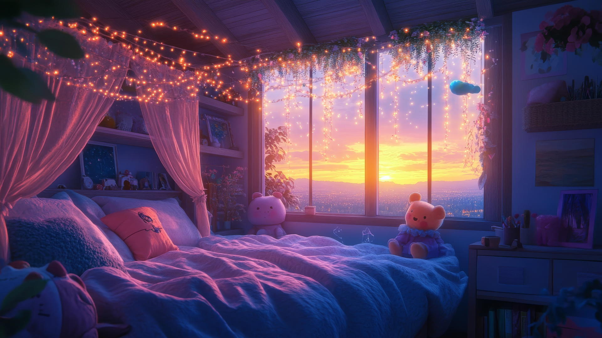 Dreamy bedroom with canopy bed, fairy lights, and cute plush toys - cute wallpapers for girls aesthetic
