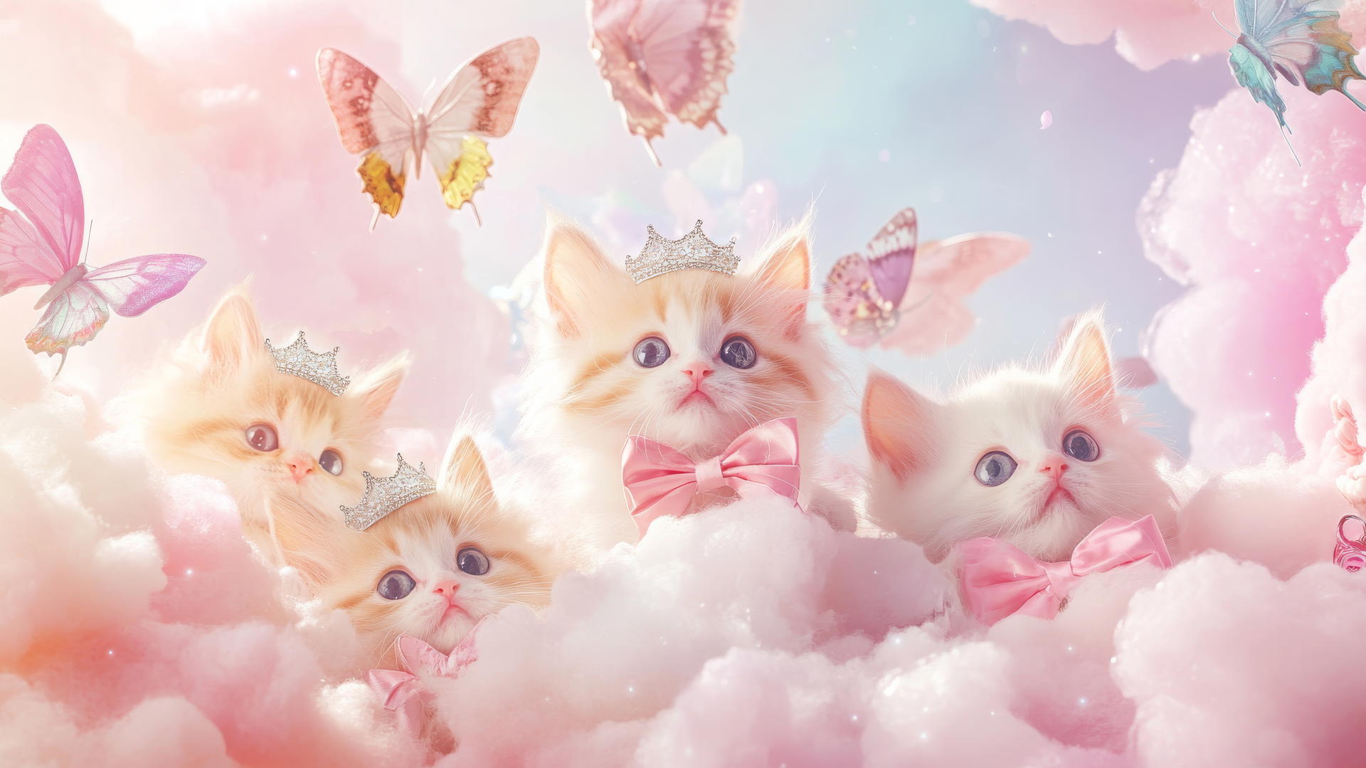 cute wallpapers for girls with playful kittens, bows, tiaras, butterflies, pink clouds