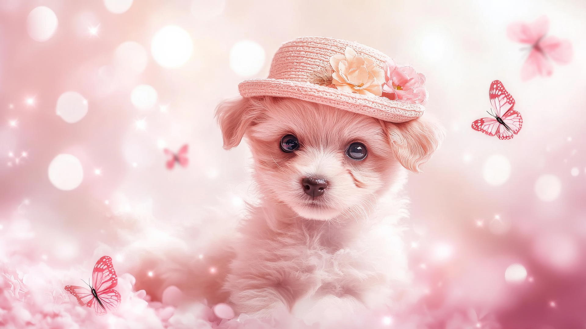 pink cute puppy wallpaper with a fluffy puppy in a hat, butterflies, and flowers