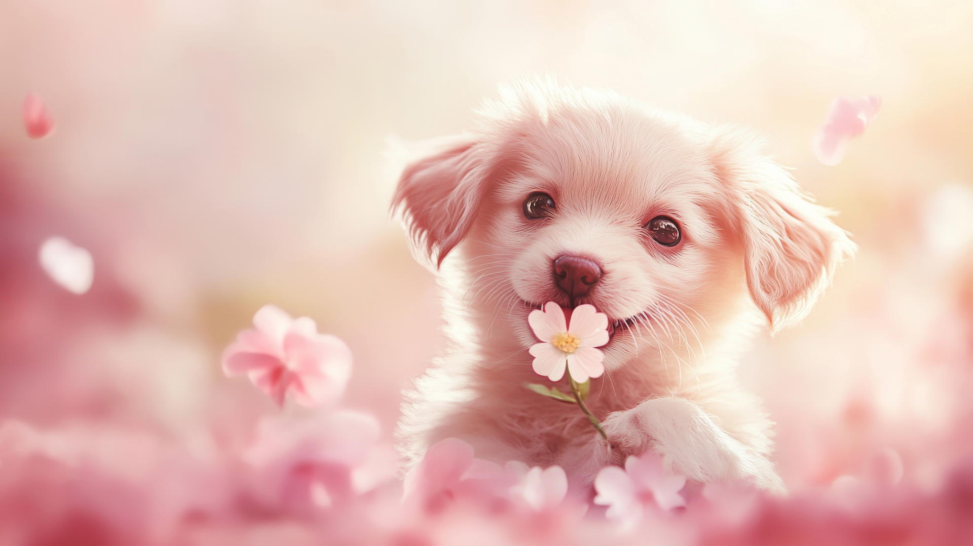 pink cute puppy wallpaper with a smiling puppy holding a flower