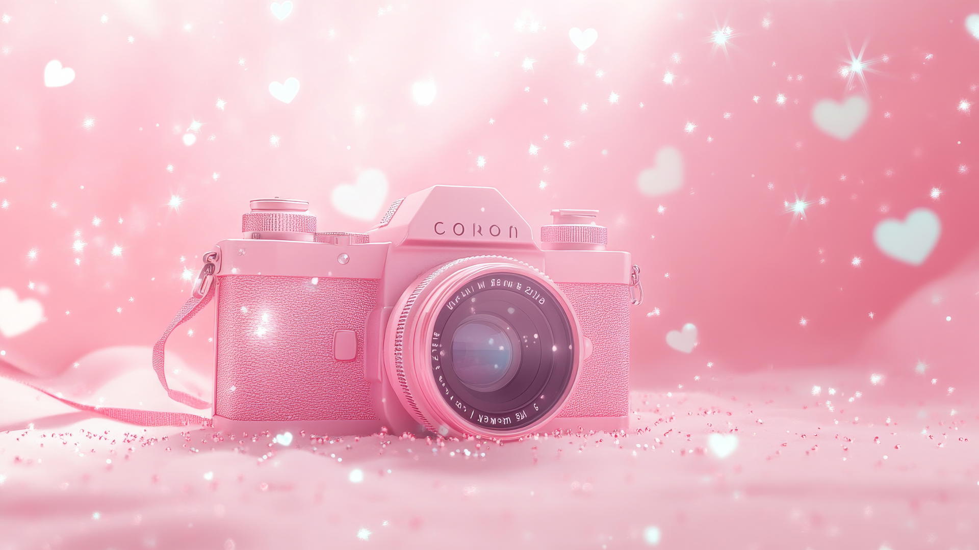 cute pink aesthetic wallpaper with vintage camera illustration, hearts, and sparkles