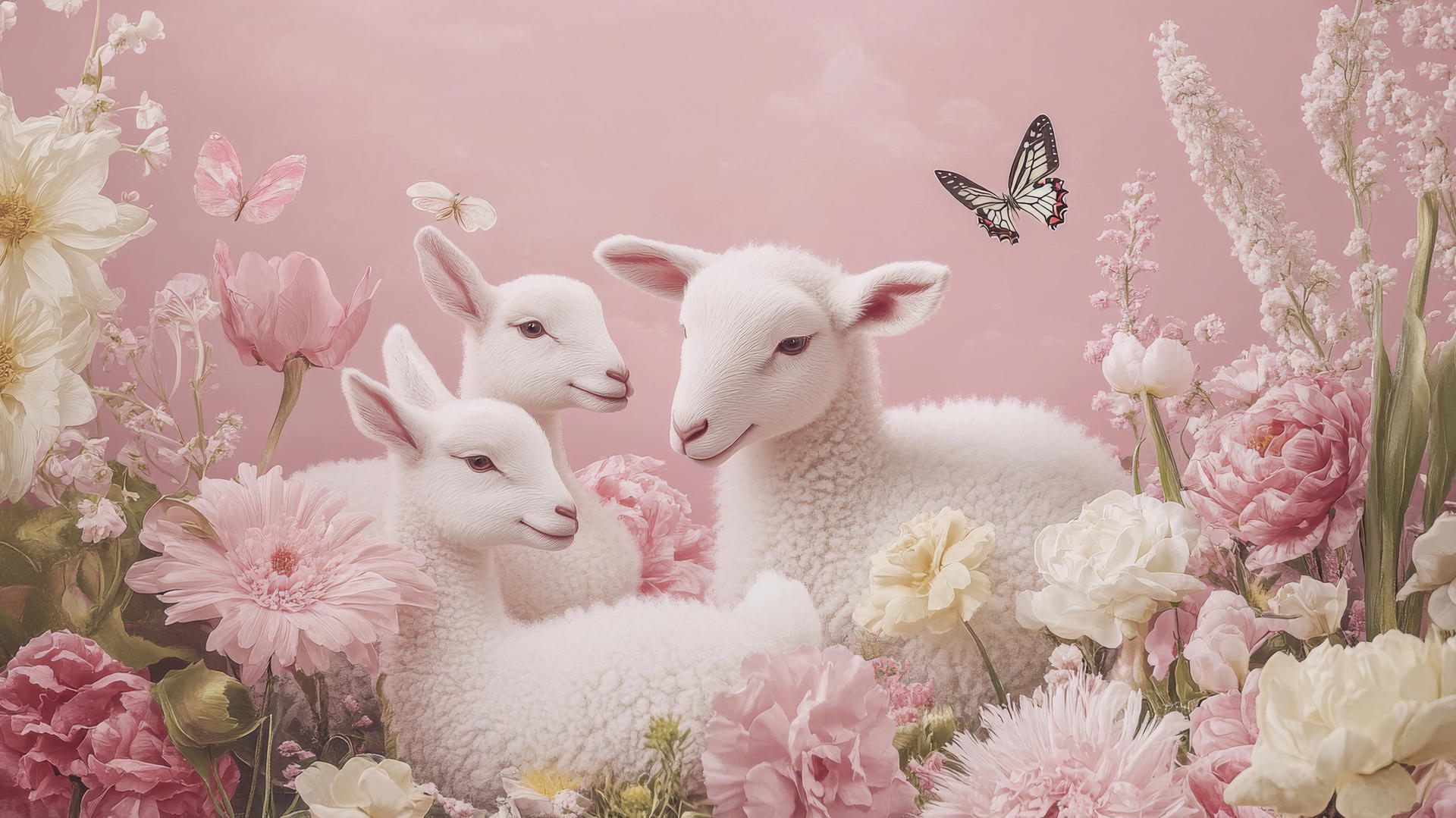Cute pink wallpaper with baby lambs, ducklings, flowers, and butterflies