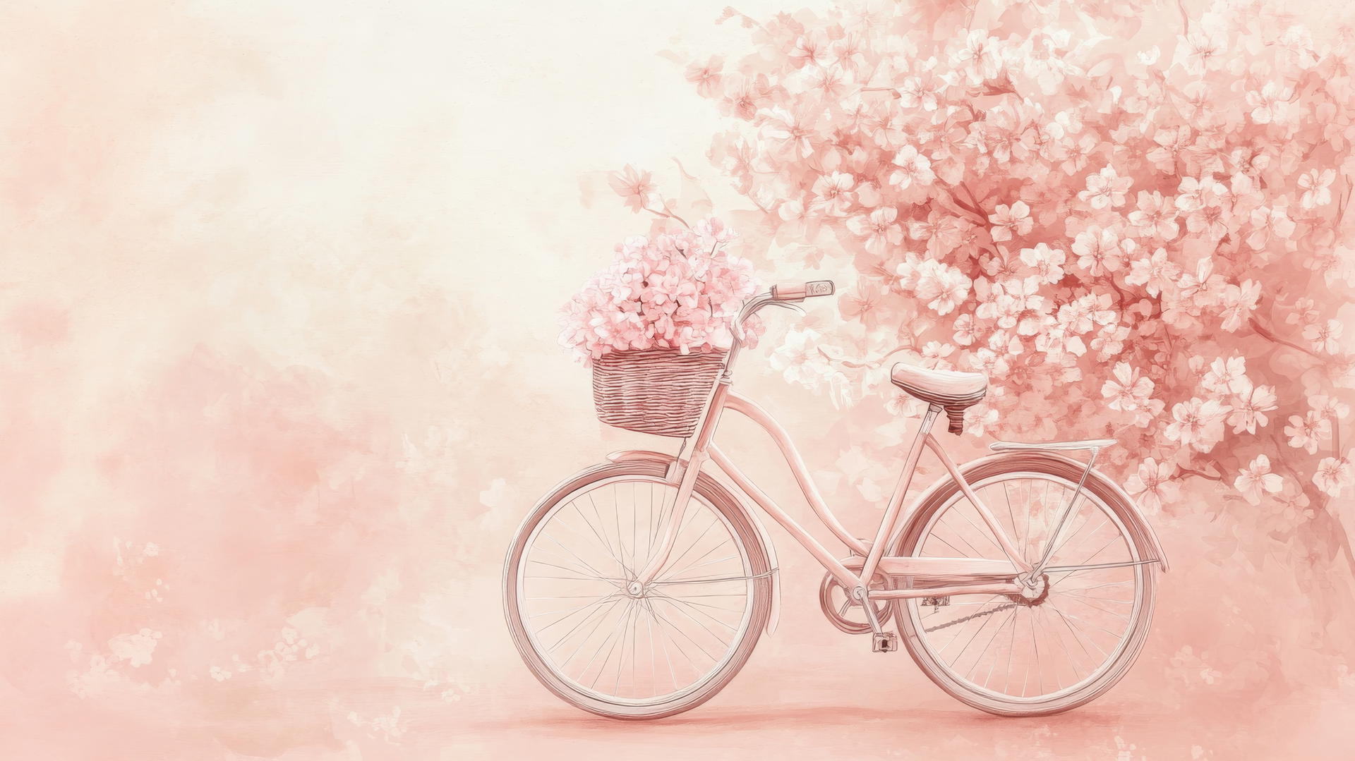 Pink wallpaper aesthetic with a vintage bicycle and pink flowers