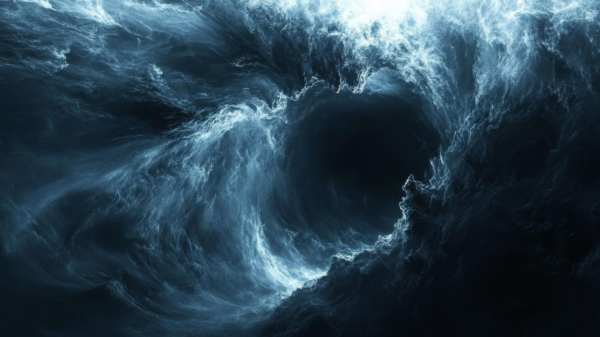 A haunting black hole wallpaper with ghostly forms drawn into a black hole.