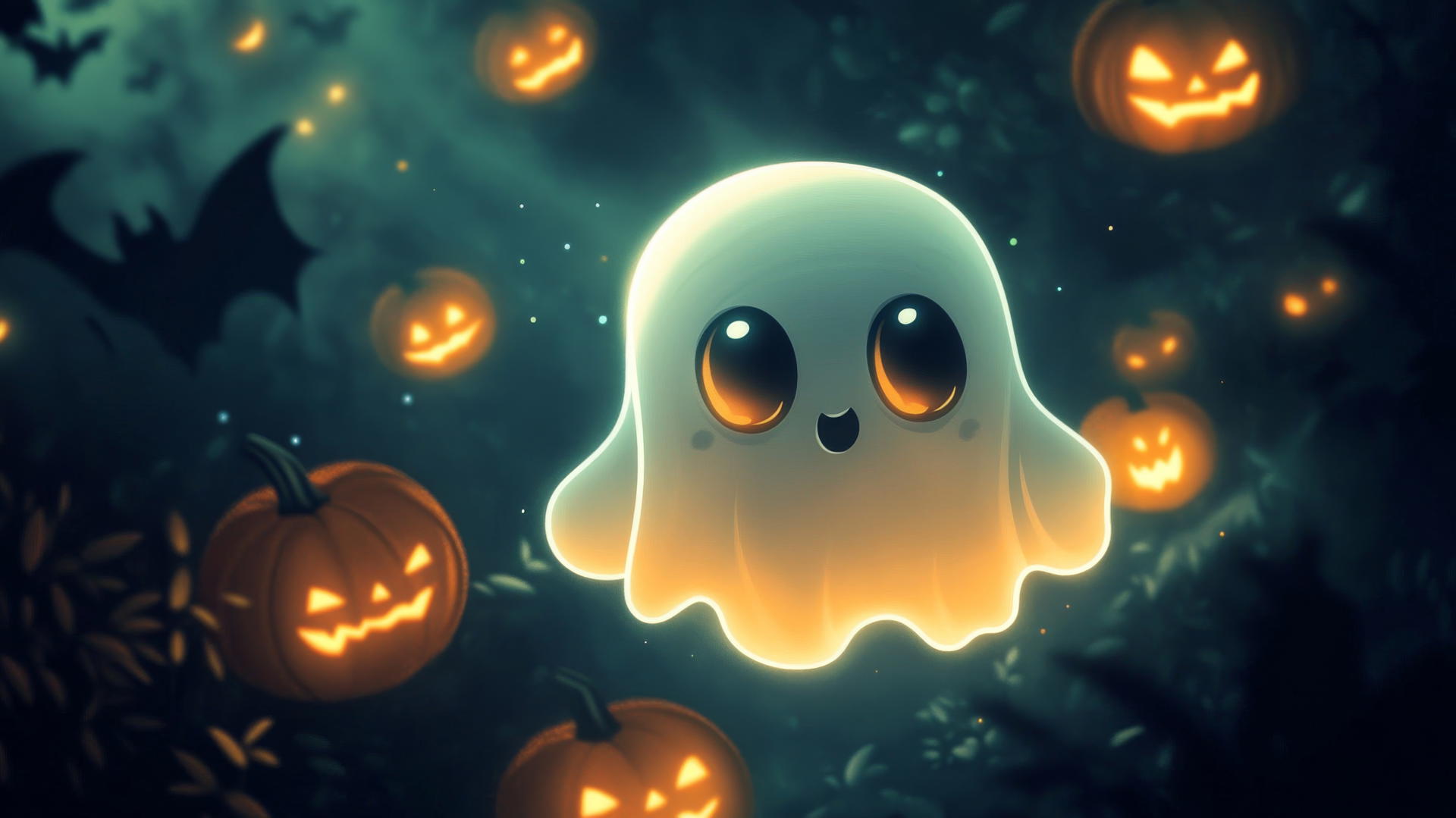 black cute wallpaper with a playful cartoon ghost, glowing pumpkins, and bats