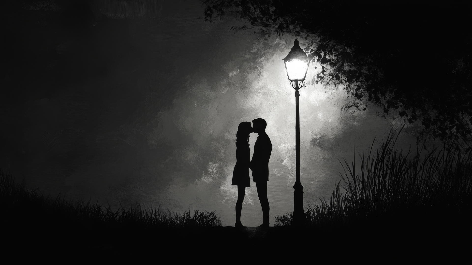 black and white aesthetic wallpaper of a couple kissing under a streetlamp