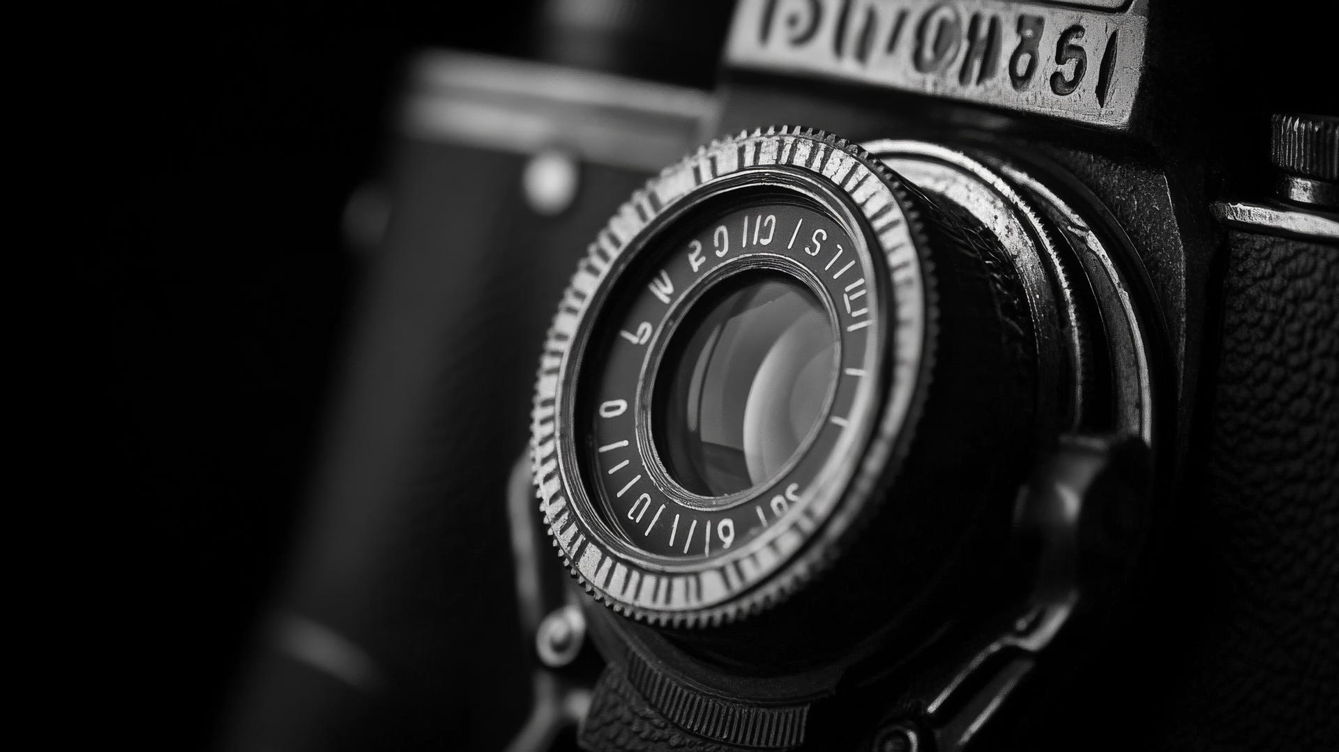 black and white aesthetic wallpaper featuring a close-up of a classic vintage camera