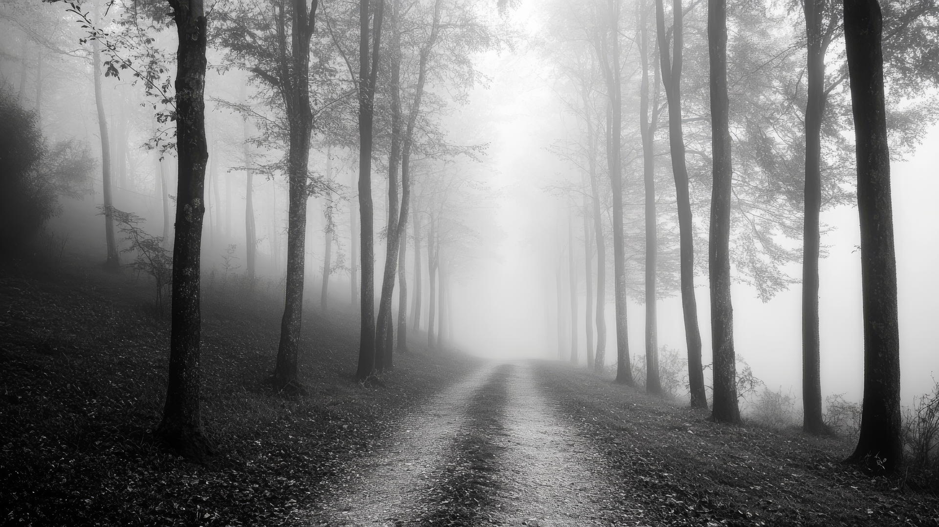 Foggy forest path with tall shadowy trees, black and white aesthetic wallpaper