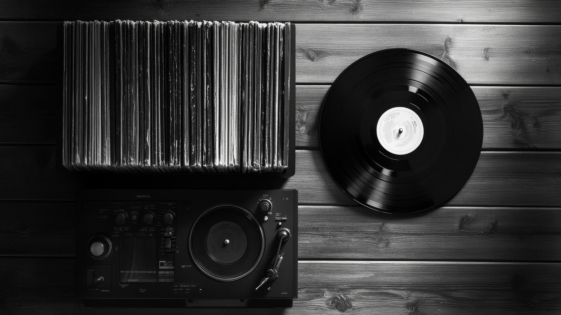 black and white aesthetic wallpaper of vintage vinyl records and turntable on wooden surface