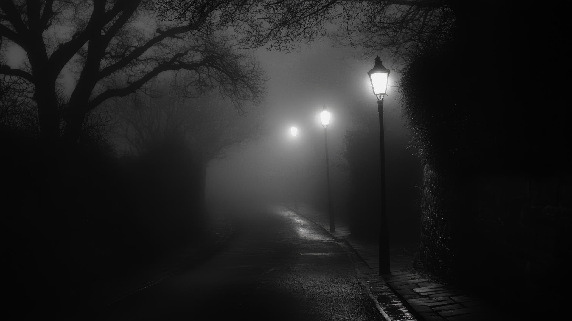 A foggy night scene with dim streetlights in a deserted alleyway, aesthetic black wallpaper
