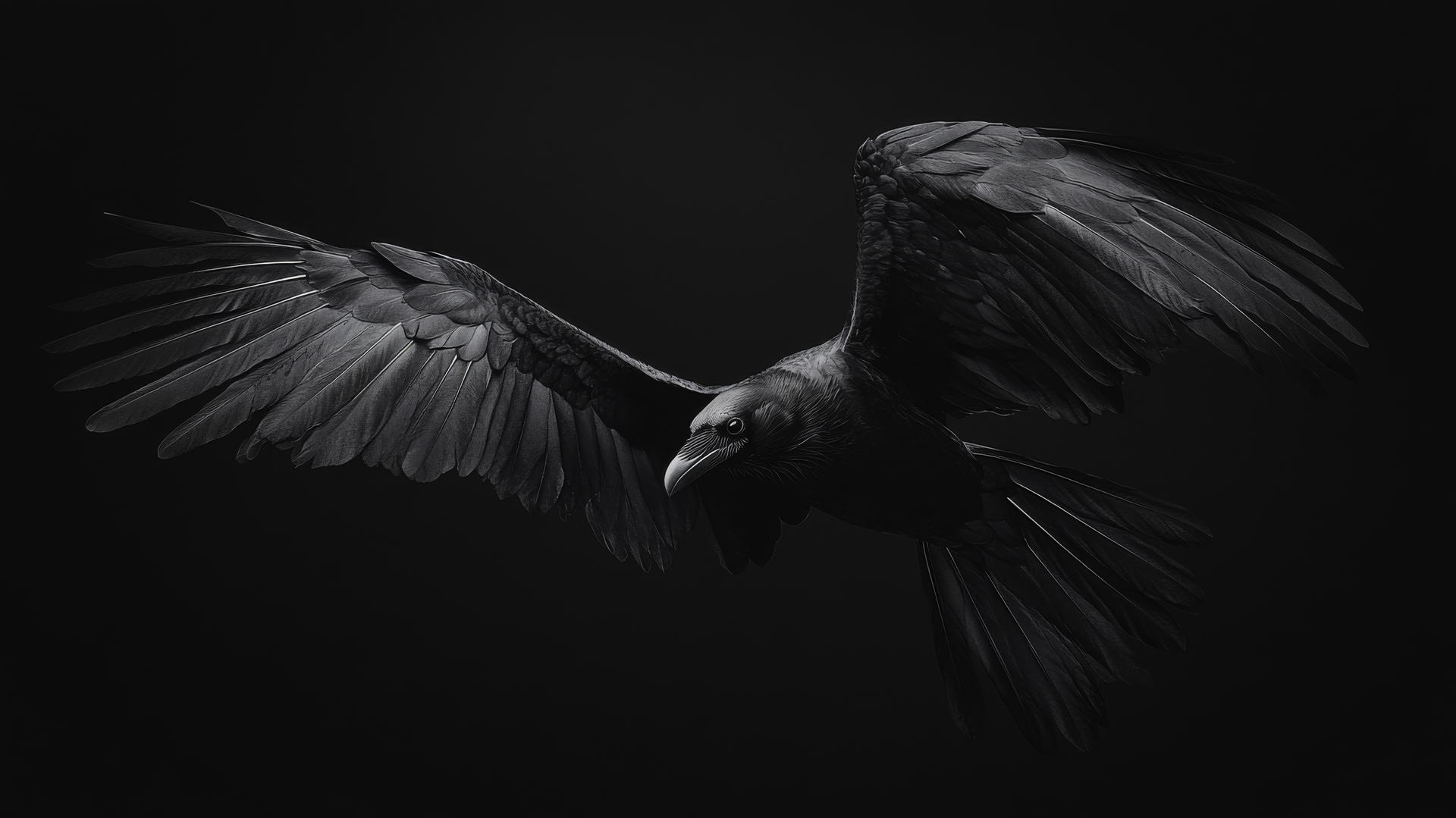 black aesthetic wallpaper with a pair of raven's wings spread wide against a pitch-black sky