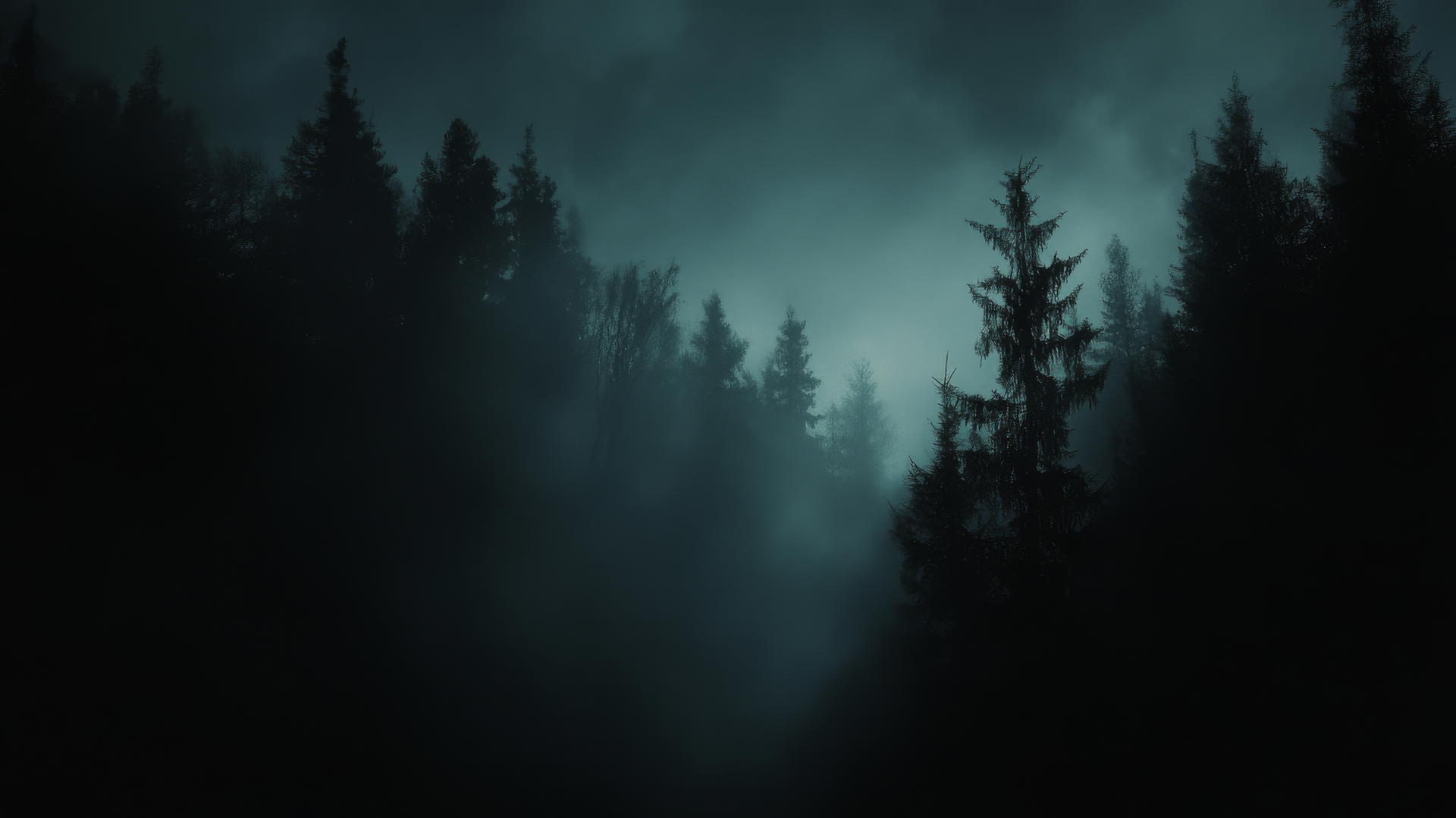 A black aesthetic wallpaper showcasing a mysterious forest at night with faint mist and shadows.