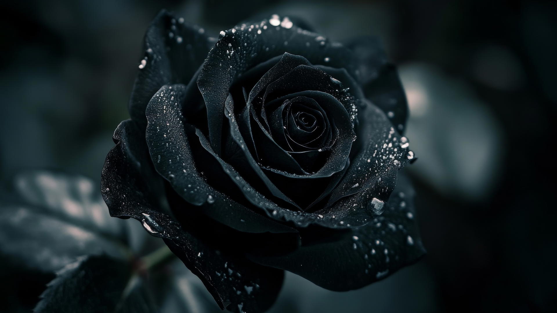 Black aesthetic wallpaper with a close-up of a black rose and dewdrops in moonlight