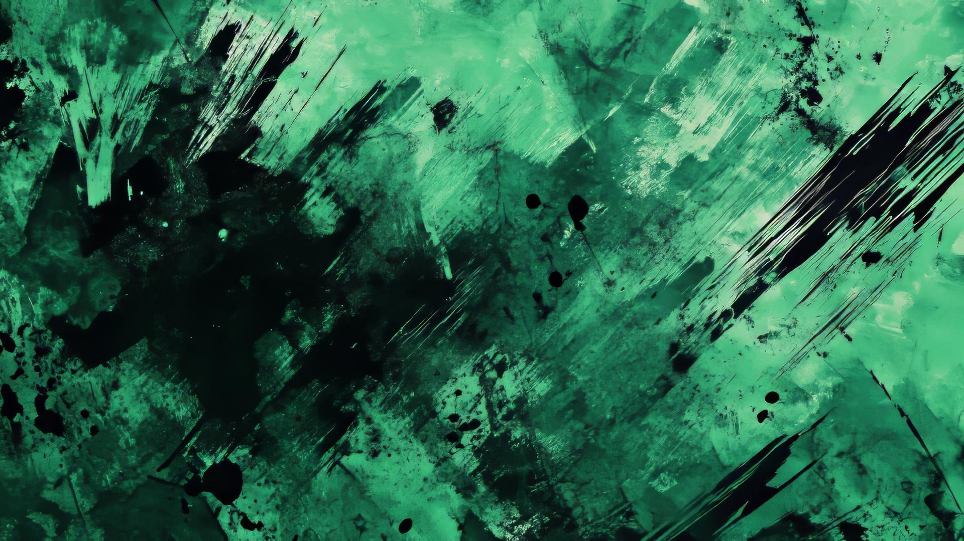 Emerald green wallpaper with bold brushstrokes and dark splashes.