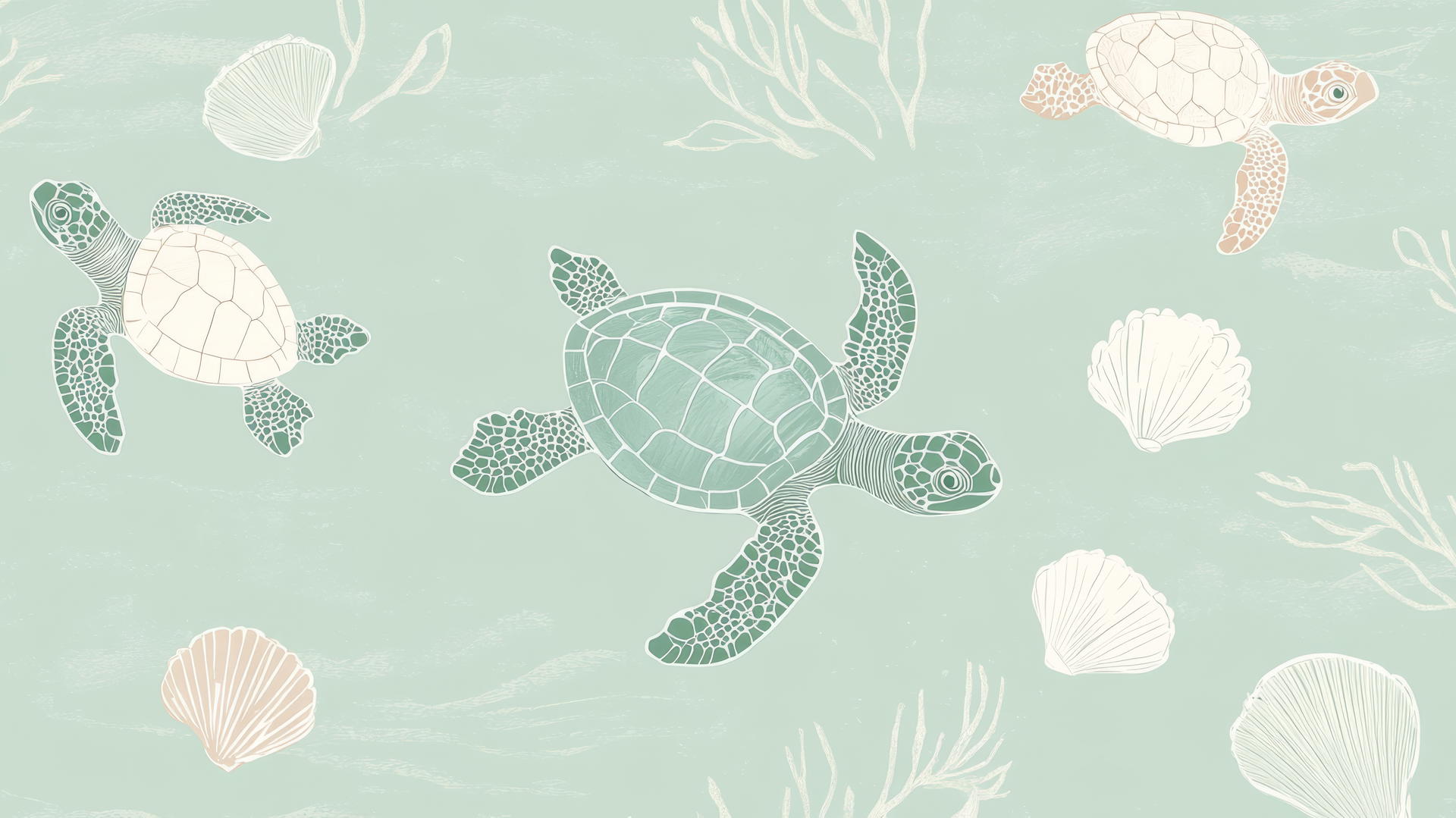 Cute green wallpaper with baby turtles and seashells on a mint background