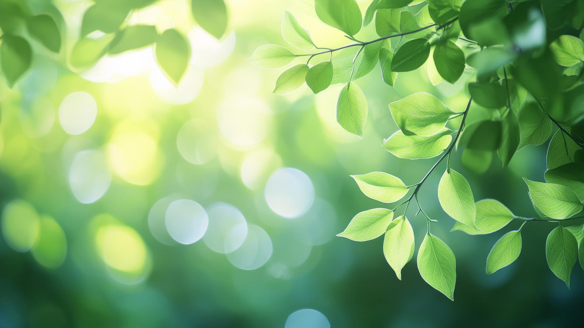 Light green wallpaper with soft-focus spring leaves and gentle sunlight