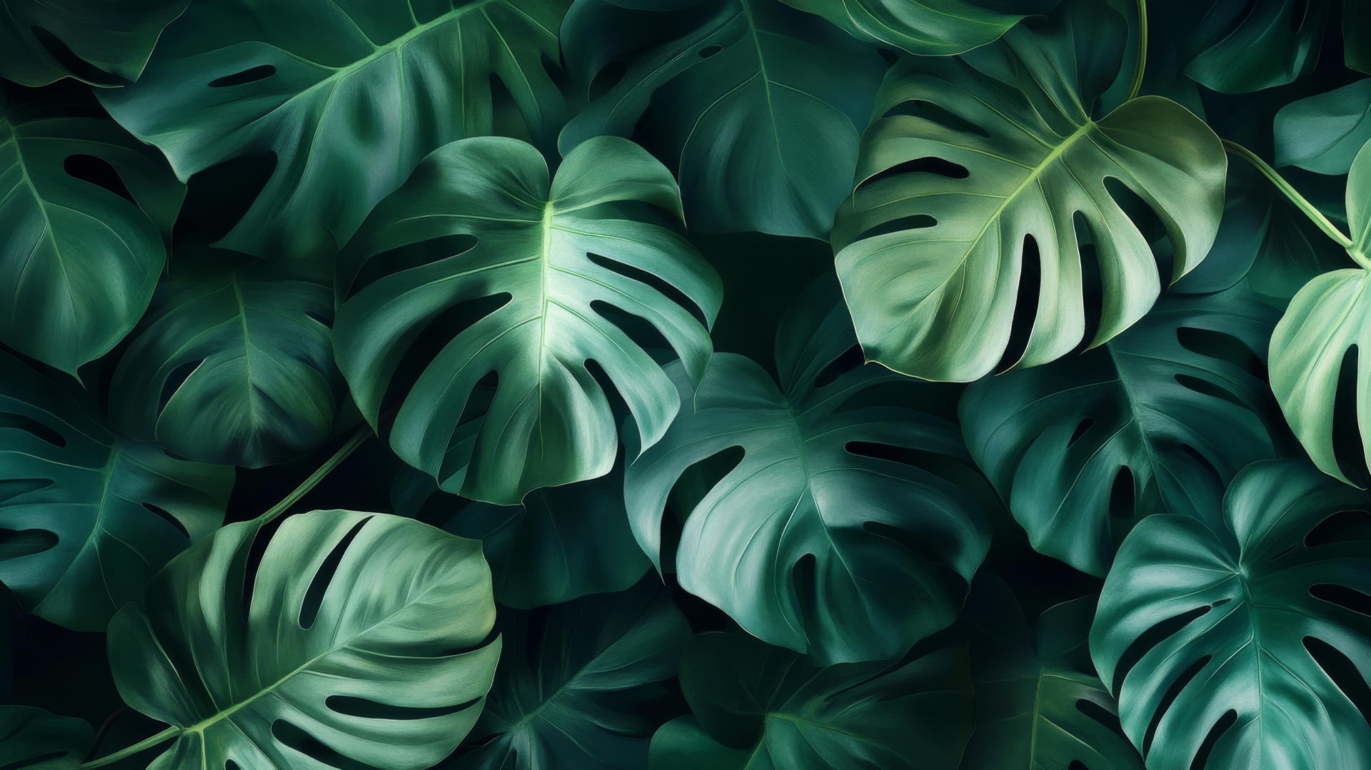 Green aesthetic wallpaper with close-up of monstera leaves in natural light