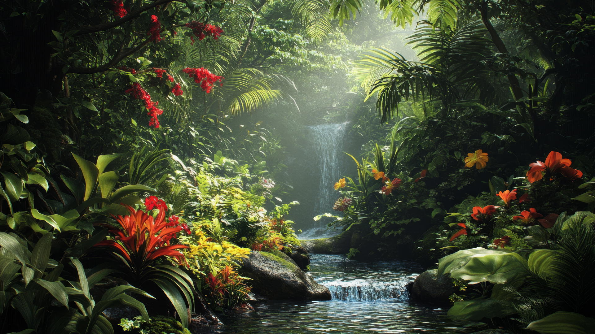 Lush jungle scene with dense foliage, vibrant flowers, and a flowing stream, nature wallpaper