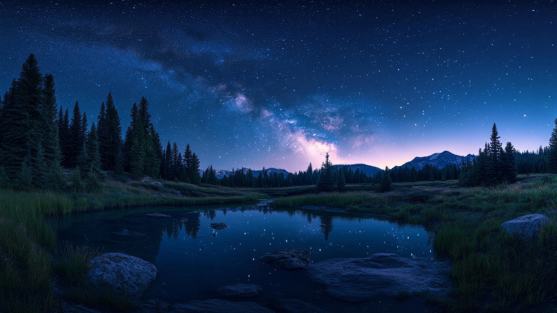 beautiful nature wallpaper 4k: clear night sky with stars over quiet forest, Milky Way visible
