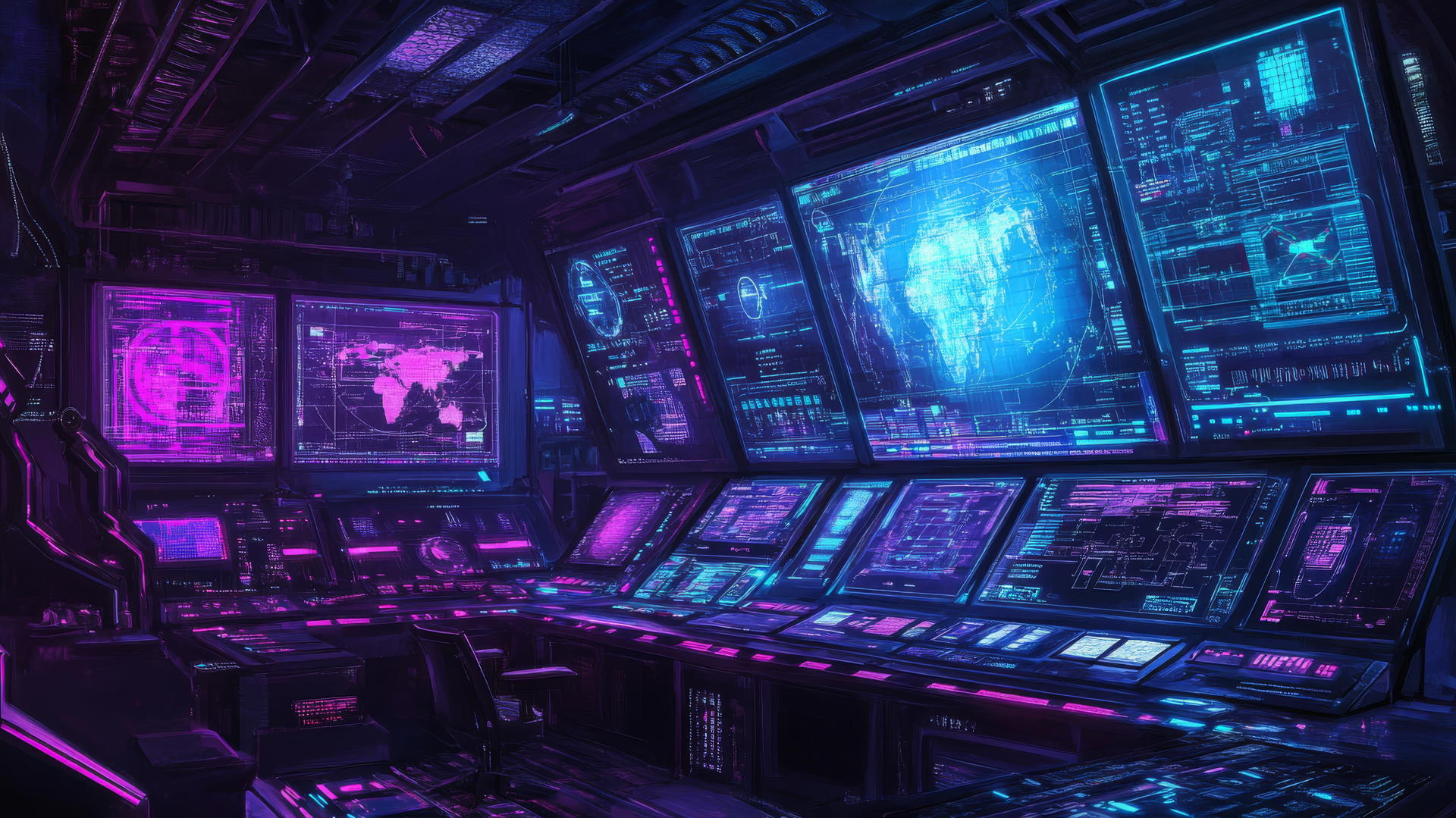 Cyber Y2K wallpaper of a futuristic control room with neon blue and purple hues