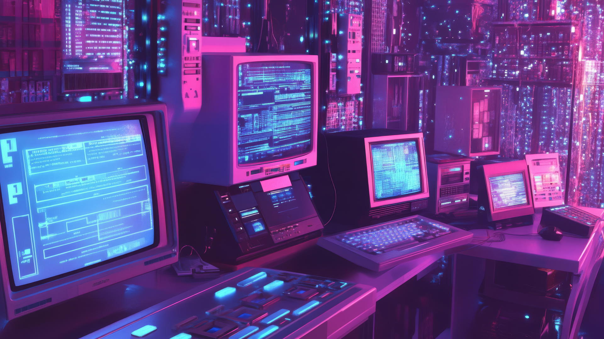 A Y2K aesthetic wallpaper with retro computer icons and software windows on a holographic backdrop.