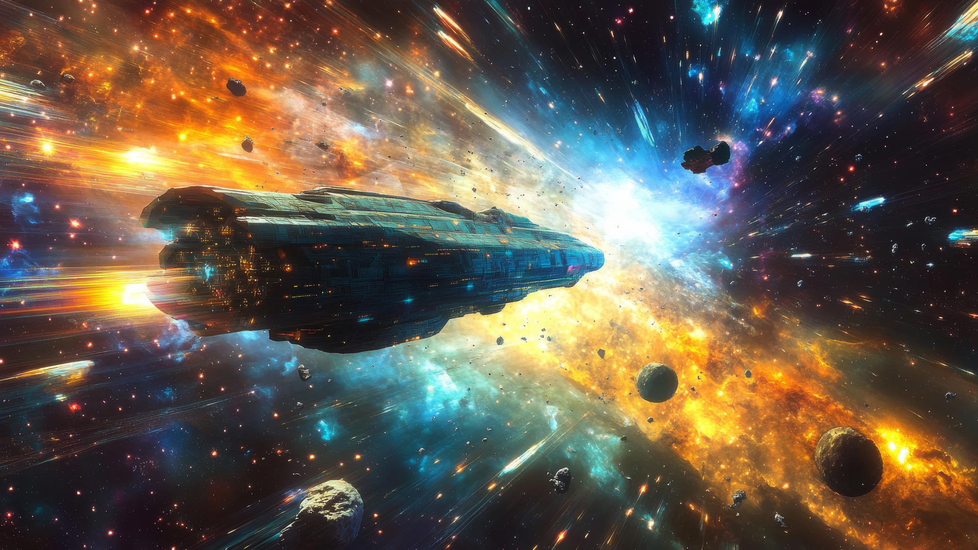 star wallpaper y2k with starship, neon trails, pixelated asteroids, holographic space