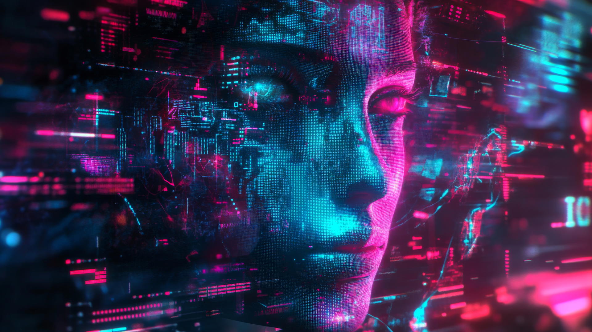 cyber y2k wallpaper with a glitchy digital face, neon circuits, and binary code