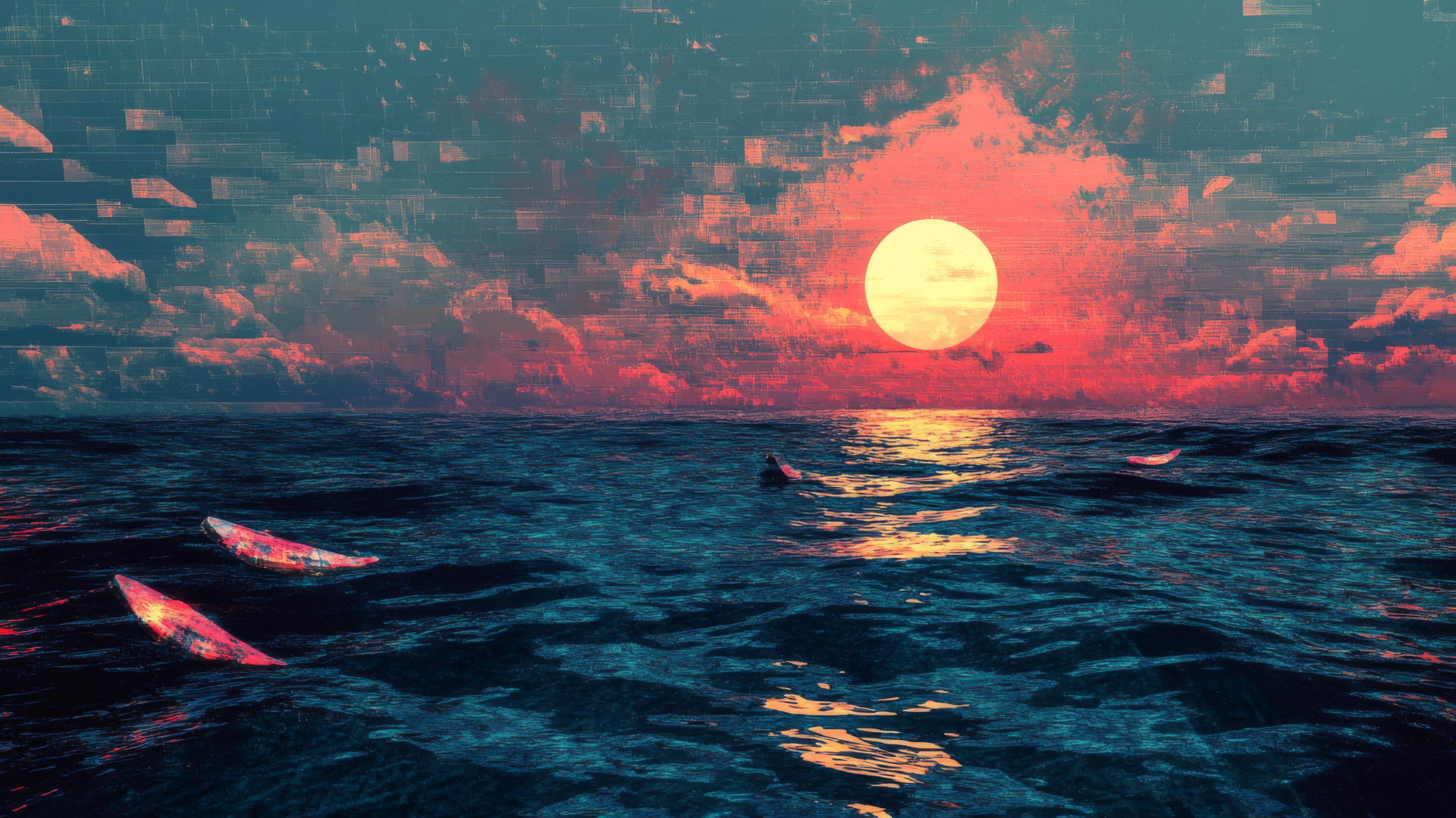 wallpaper y2k with abstract, pixelated ocean, glitchy waves, holographic fish, and bright pixelated sun