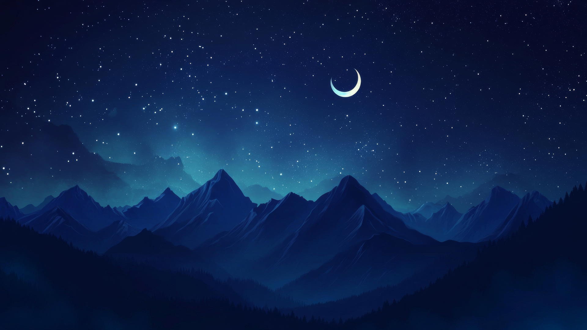 dark blue wallpaper with a majestic mountain range, subtle stars, and glowing crescent moon