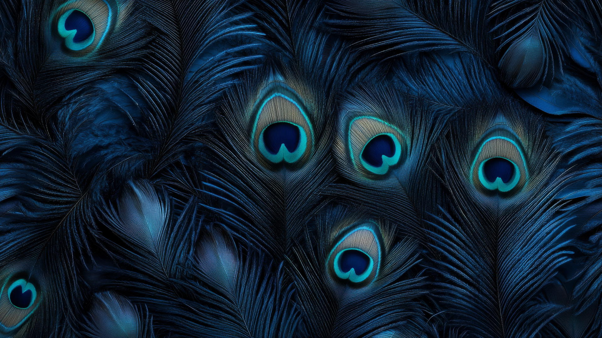 Navy blue wallpaper with detailed peacock feathers and iridescent accents