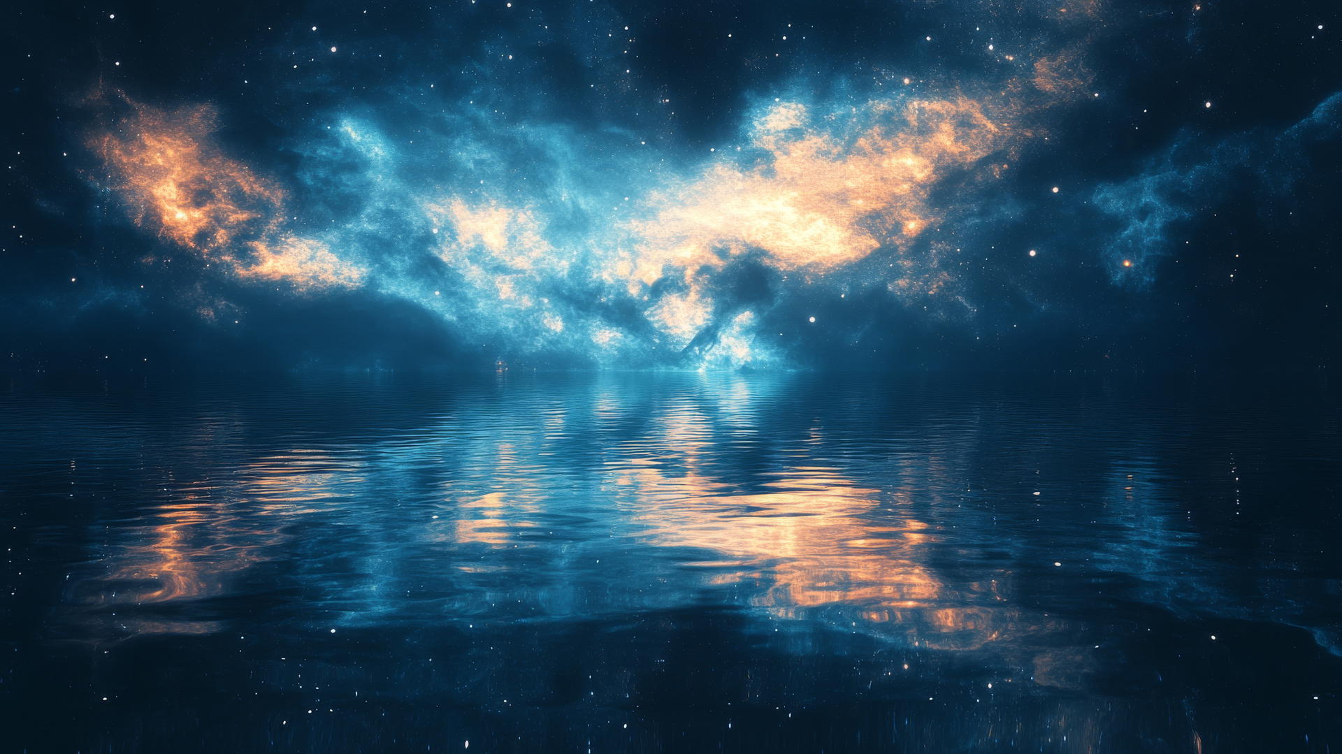 Dark blue aesthetic wallpaper with a galaxy reflection in water.