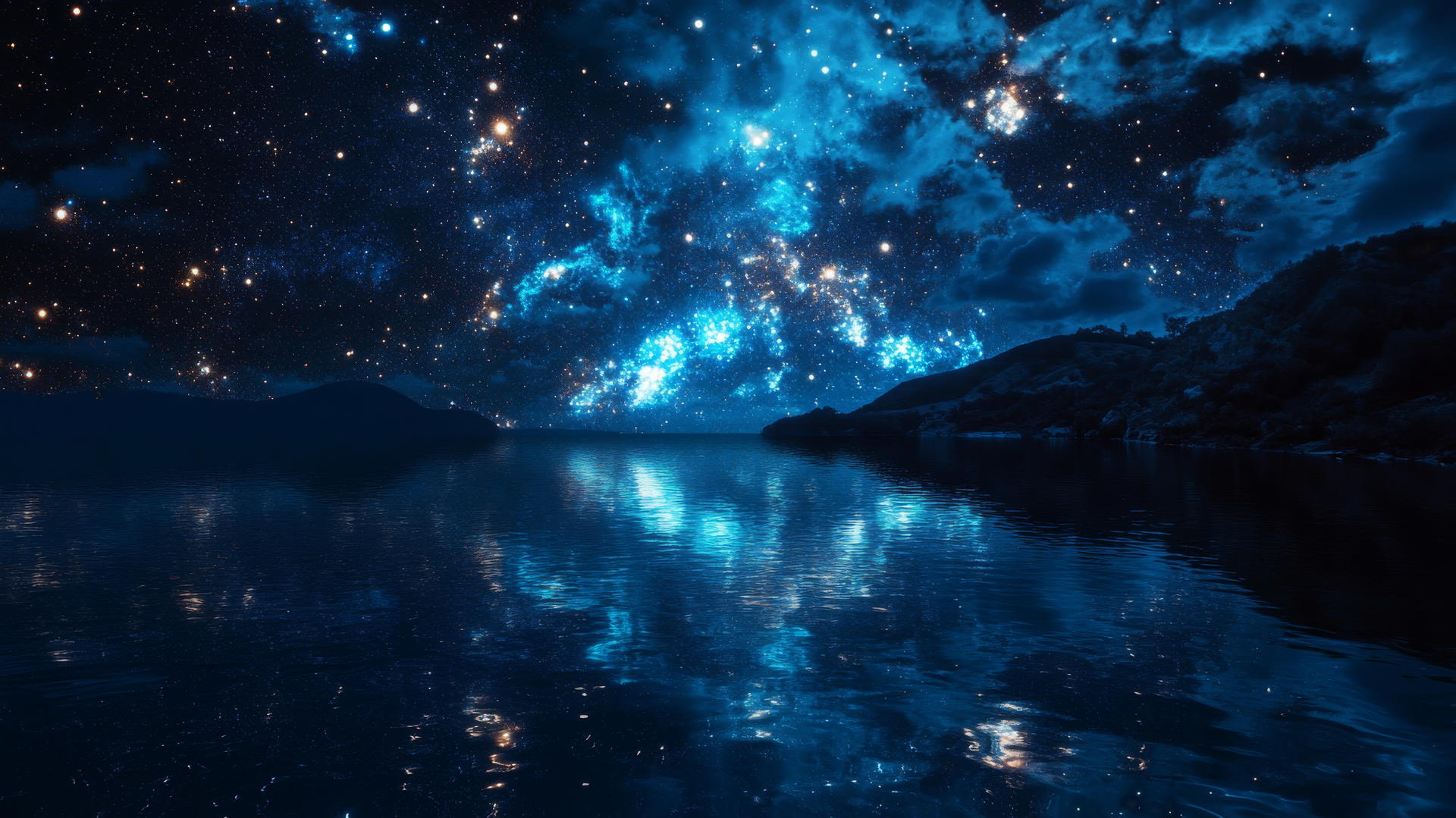 dark blue aesthetic wallpaper with galaxy reflection in water