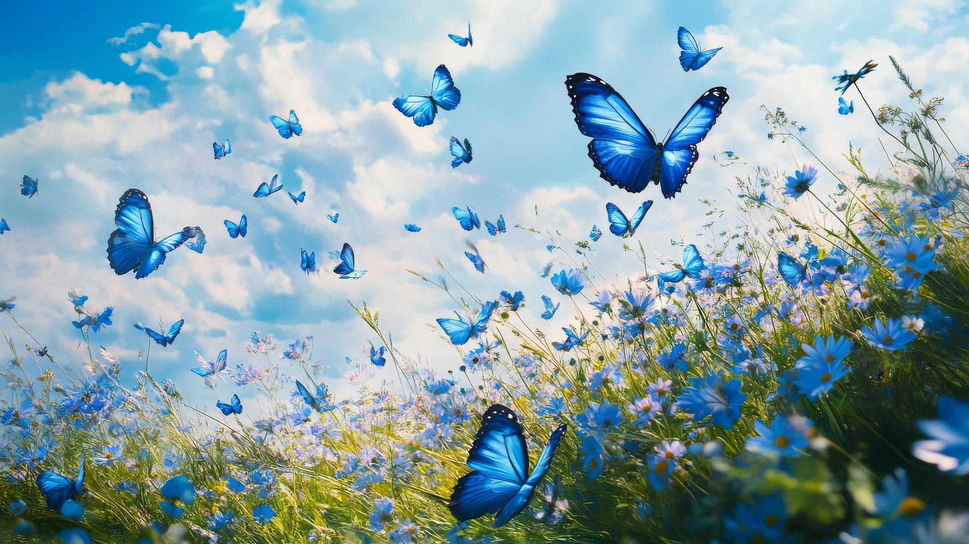 A swarm of blue butterflies fluttering over a green meadow with wildflowers under a blue sky, blue butterfly wallpaper